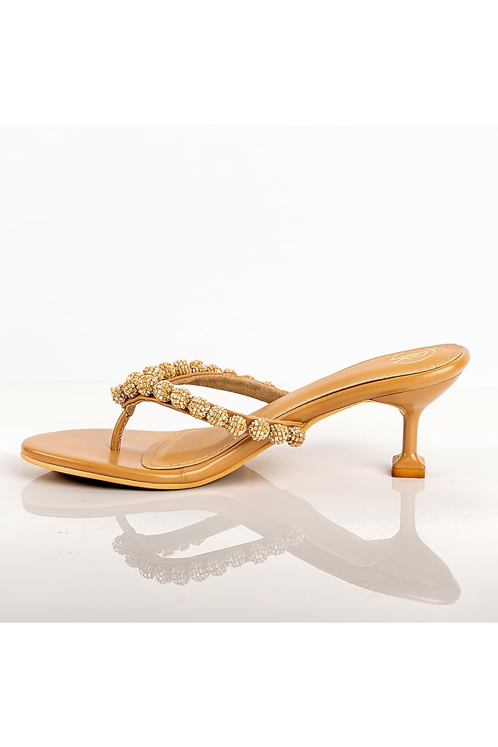 Tan Faux Leather Cutdana Hand Embroidered Heels by Preet Kaur at Pernia's Pop Up Shop
