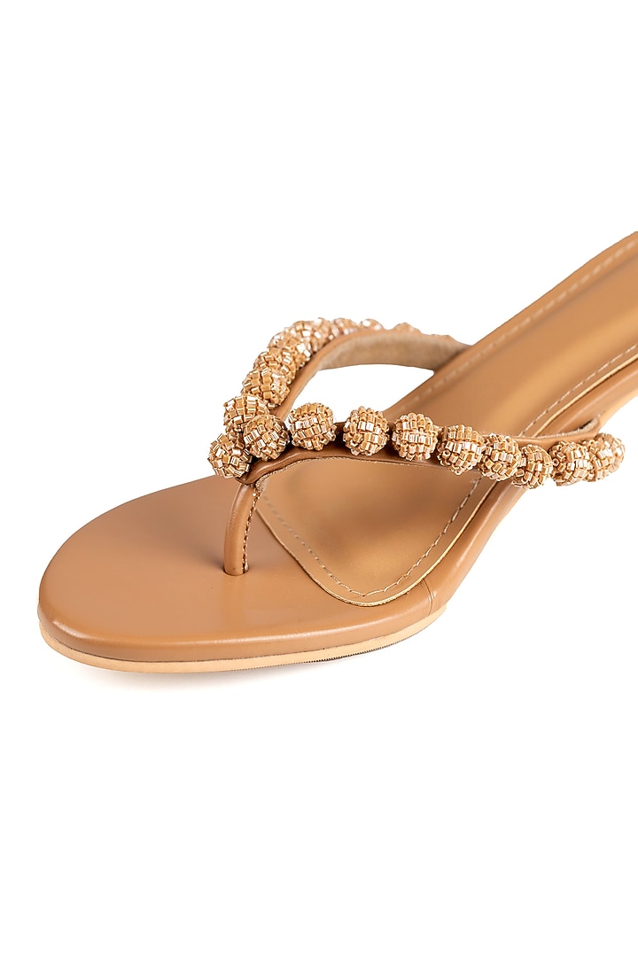 Tan Faux Leather Cutdana Hand Embroidered Heels by Preet Kaur at Pernia's Pop Up Shop