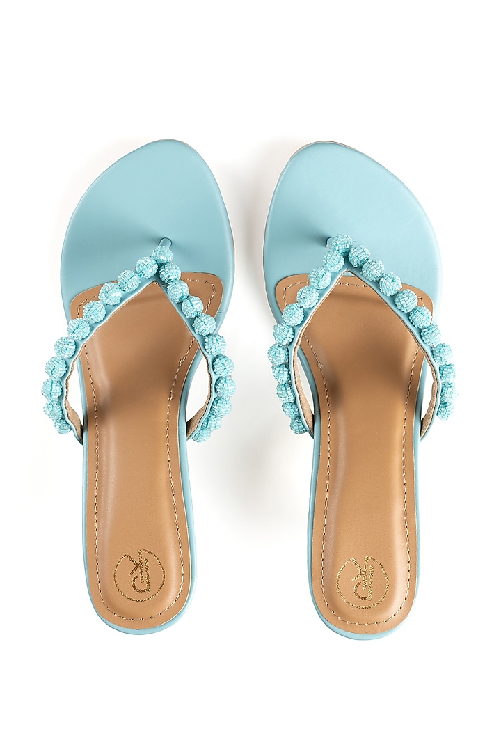Ice Blue Faux Leather Cutdana Hand Embroidered Heels by Preet Kaur at Pernia's Pop Up Shop