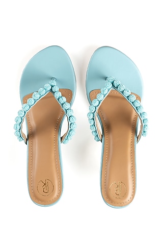 Ice Blue Faux Leather Cutdana Hand Embroidered Heels by Preet Kaur