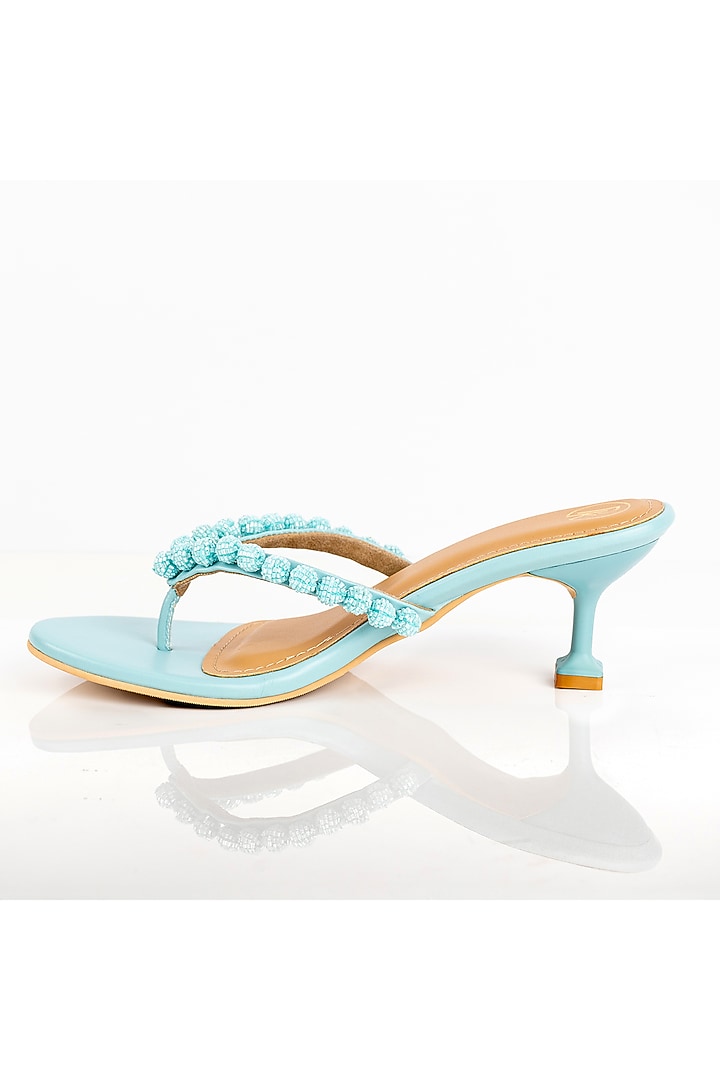 Ice Blue Faux Leather Cutdana Hand Embroidered Heels by Preet Kaur at Pernia's Pop Up Shop