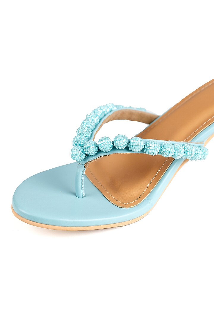 Ice Blue Faux Leather Cutdana Hand Embroidered Heels by Preet Kaur at Pernia's Pop Up Shop
