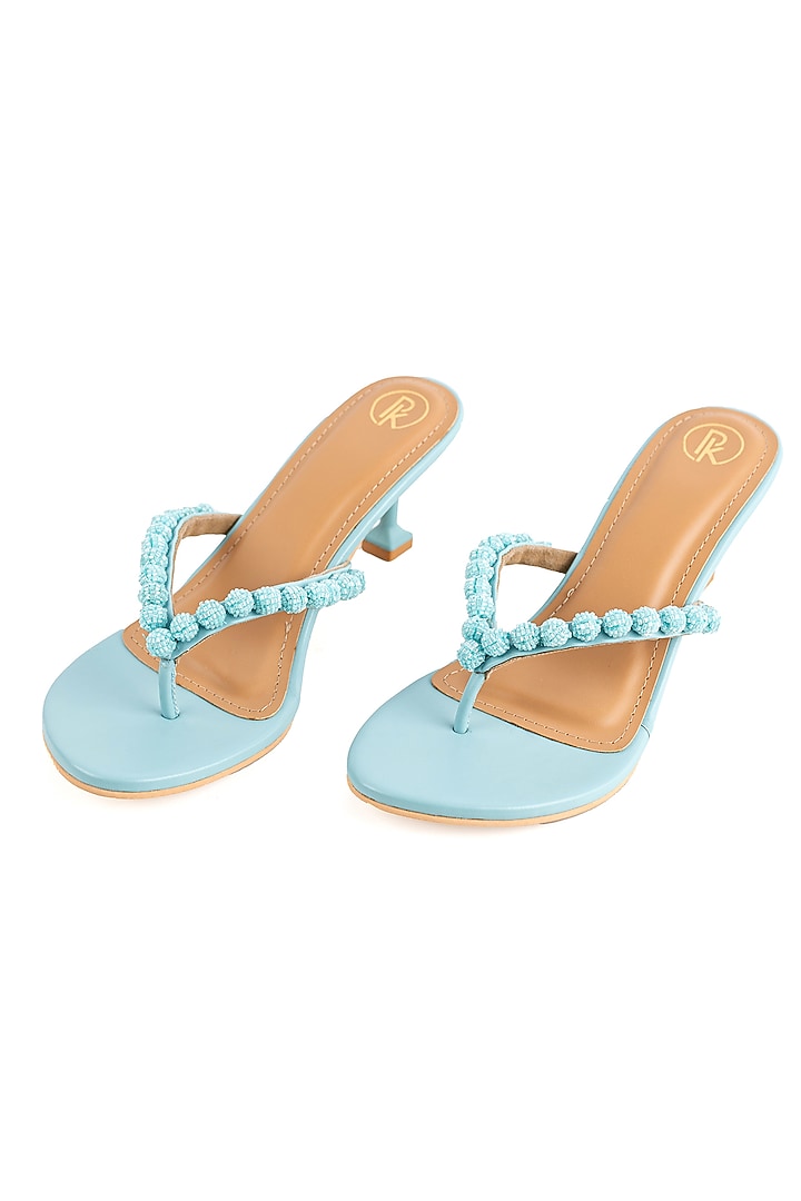 Ice Blue Faux Leather Cutdana Hand Embroidered Heels by Preet Kaur at Pernia's Pop Up Shop