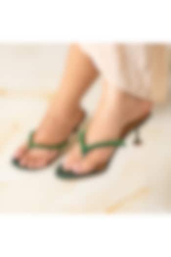 Green Faux Leather Cutdana Hand Embroidered Heels by Preet Kaur at Pernia's Pop Up Shop