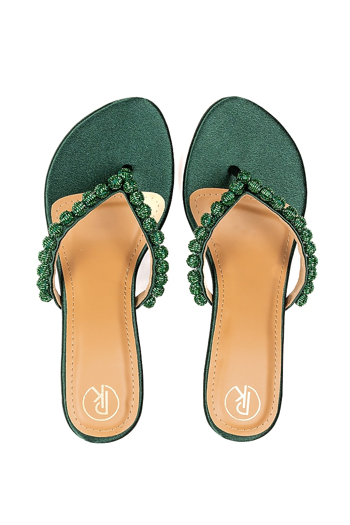 Green Faux Leather Cutdana Hand Embroidered Heels by Preet Kaur at Pernia's Pop Up Shop