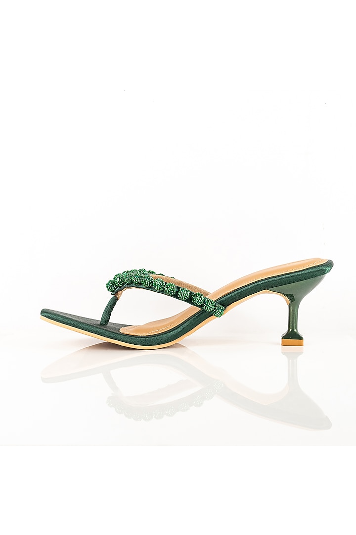 Green Faux Leather Cutdana Hand Embroidered Heels by Preet Kaur at Pernia's Pop Up Shop