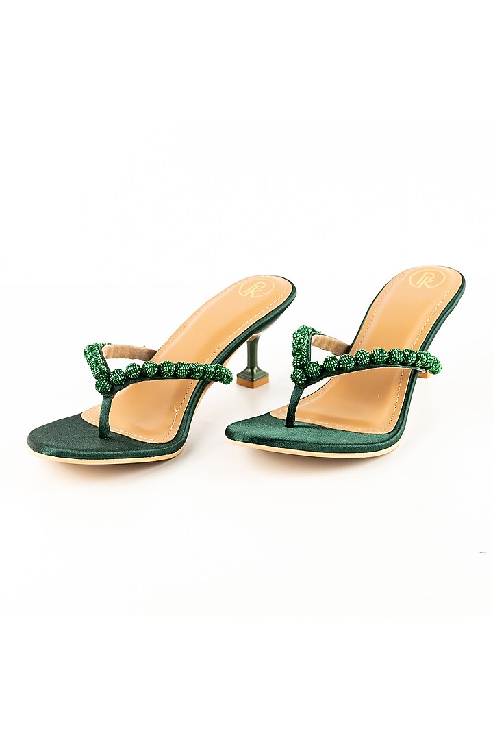 Green Faux Leather Cutdana Hand Embroidered Heels by Preet Kaur at Pernia's Pop Up Shop