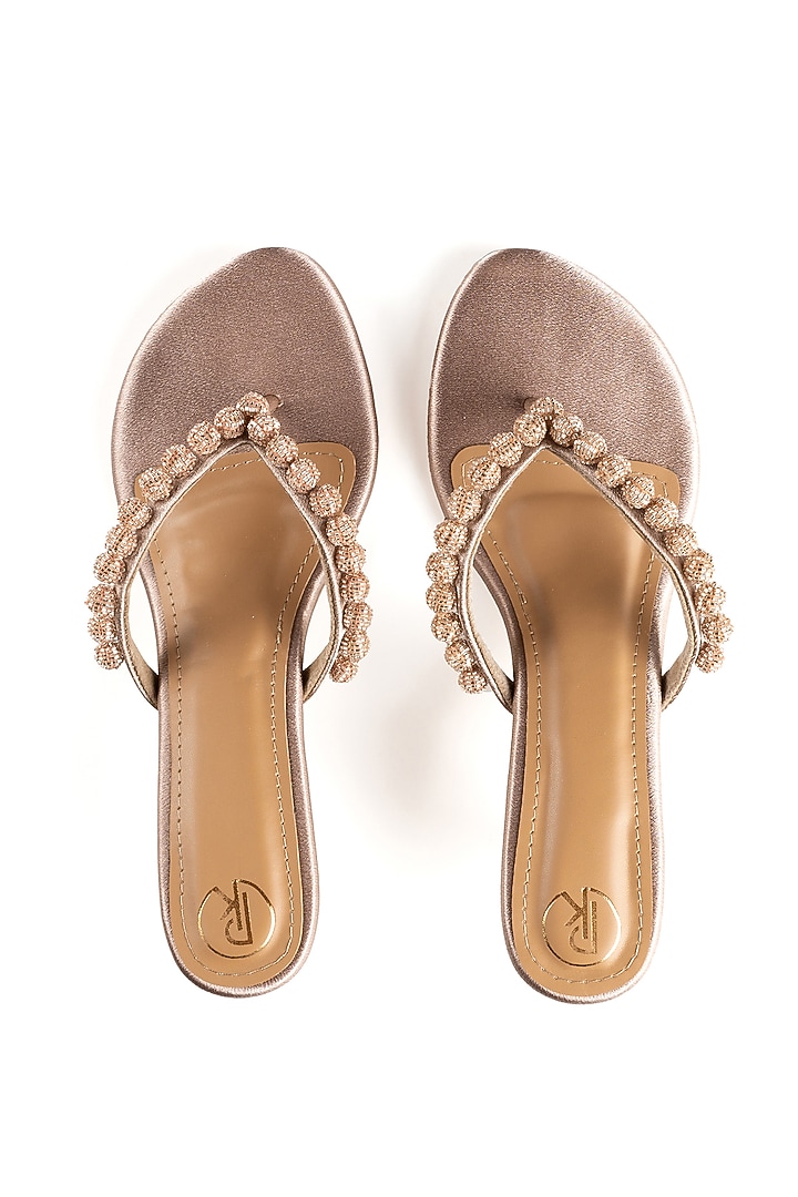 Champagne Faux Leather Cutdana Hand Embroidered Heels by Preet Kaur at Pernia's Pop Up Shop