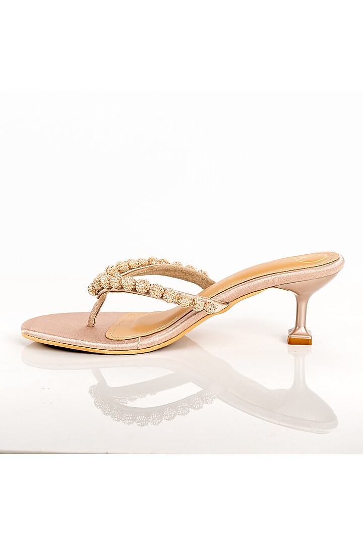 Champagne Faux Leather Cutdana Hand Embroidered Heels by Preet Kaur at Pernia's Pop Up Shop