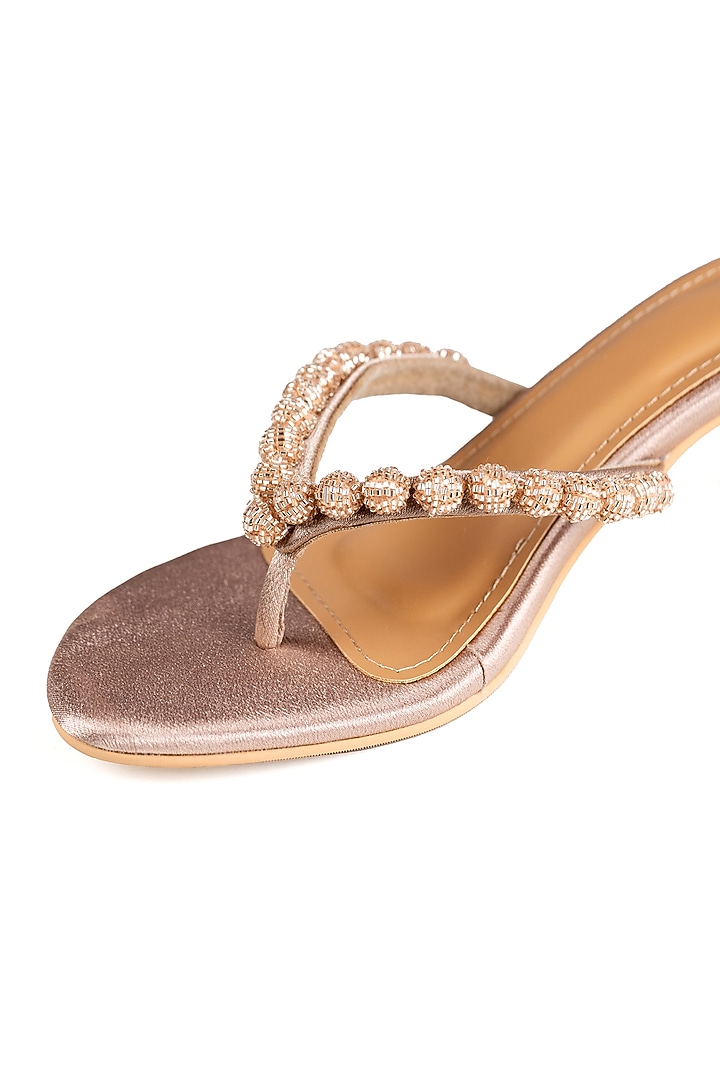 Champagne Faux Leather Cutdana Hand Embroidered Heels by Preet Kaur at Pernia's Pop Up Shop