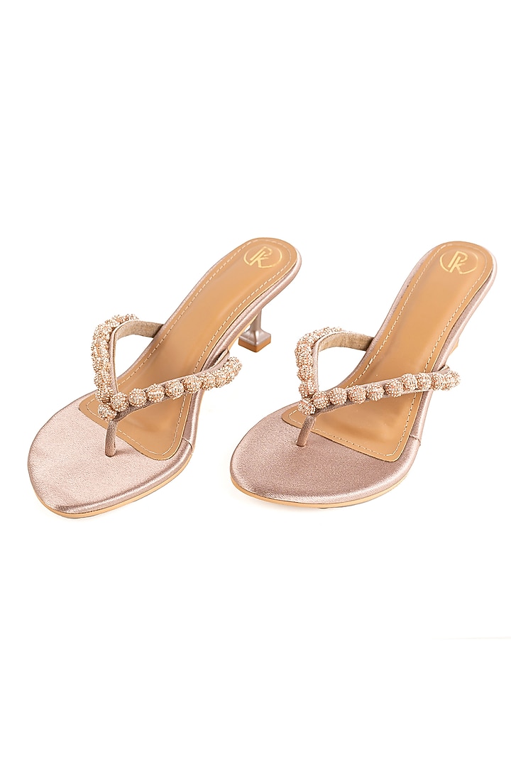 Champagne Faux Leather Cutdana Hand Embroidered Heels by Preet Kaur at Pernia's Pop Up Shop