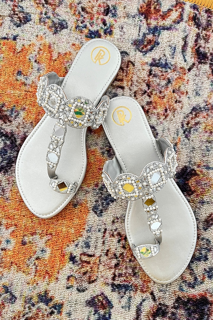 Silver Faux Leather Mirror Hand Embroidered Kolhapuri Flats by Preet Kaur
