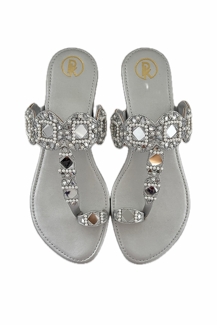 Silver Faux Leather Mirror Hand Embroidered Kolhapuri Flats by Preet Kaur at Pernia's Pop Up Shop