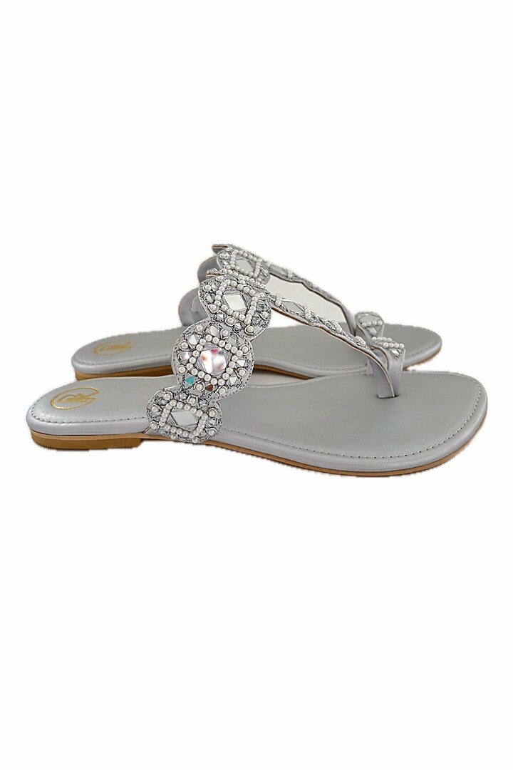 Silver Faux Leather Mirror Hand Embroidered Kolhapuri Flats by Preet Kaur at Pernia's Pop Up Shop
