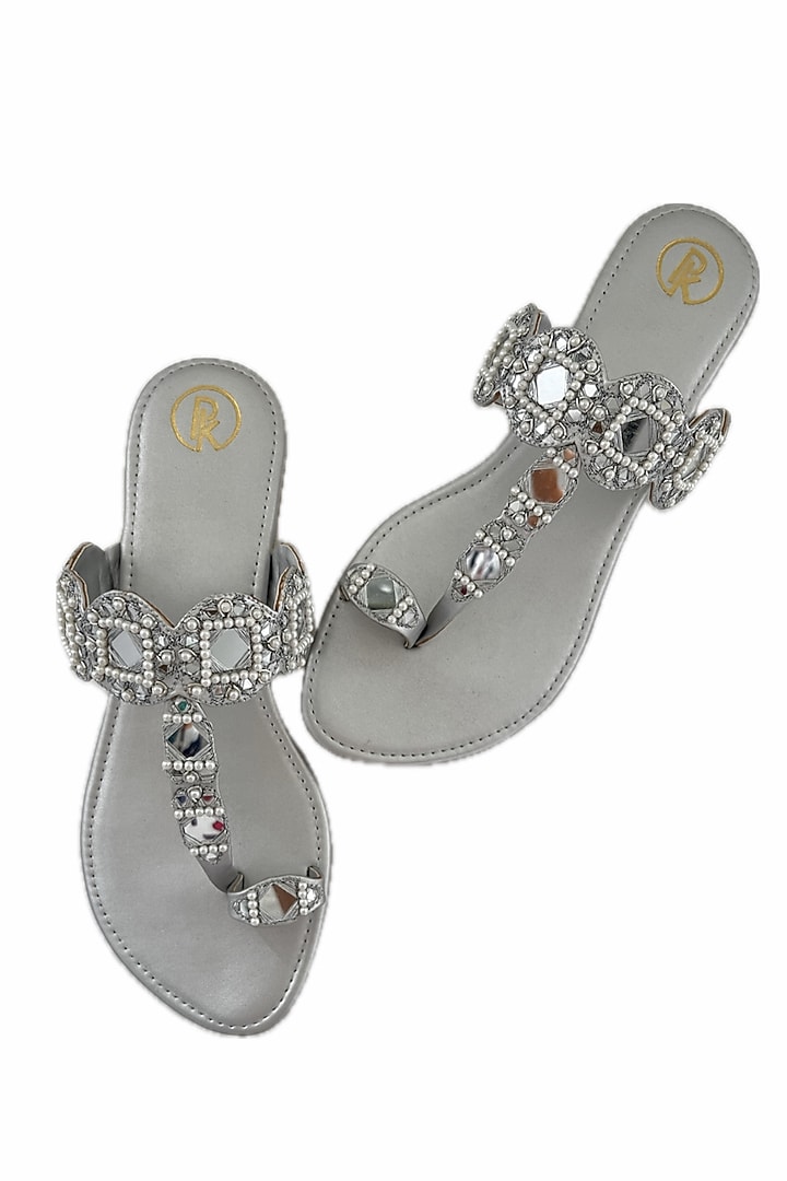Silver Faux Leather Mirror Hand Embroidered Kolhapuri Flats by Preet Kaur at Pernia's Pop Up Shop