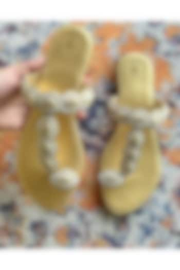 Gold Faux Leather Cowrie Hand Embroidered Kolhapuri Flats by Preet Kaur at Pernia's Pop Up Shop