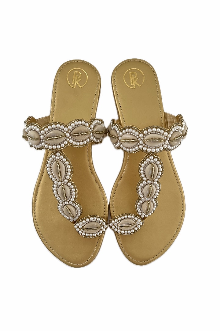 Gold Faux Leather Cowrie Hand Embroidered Kolhapuri Flats by Preet Kaur at Pernia's Pop Up Shop