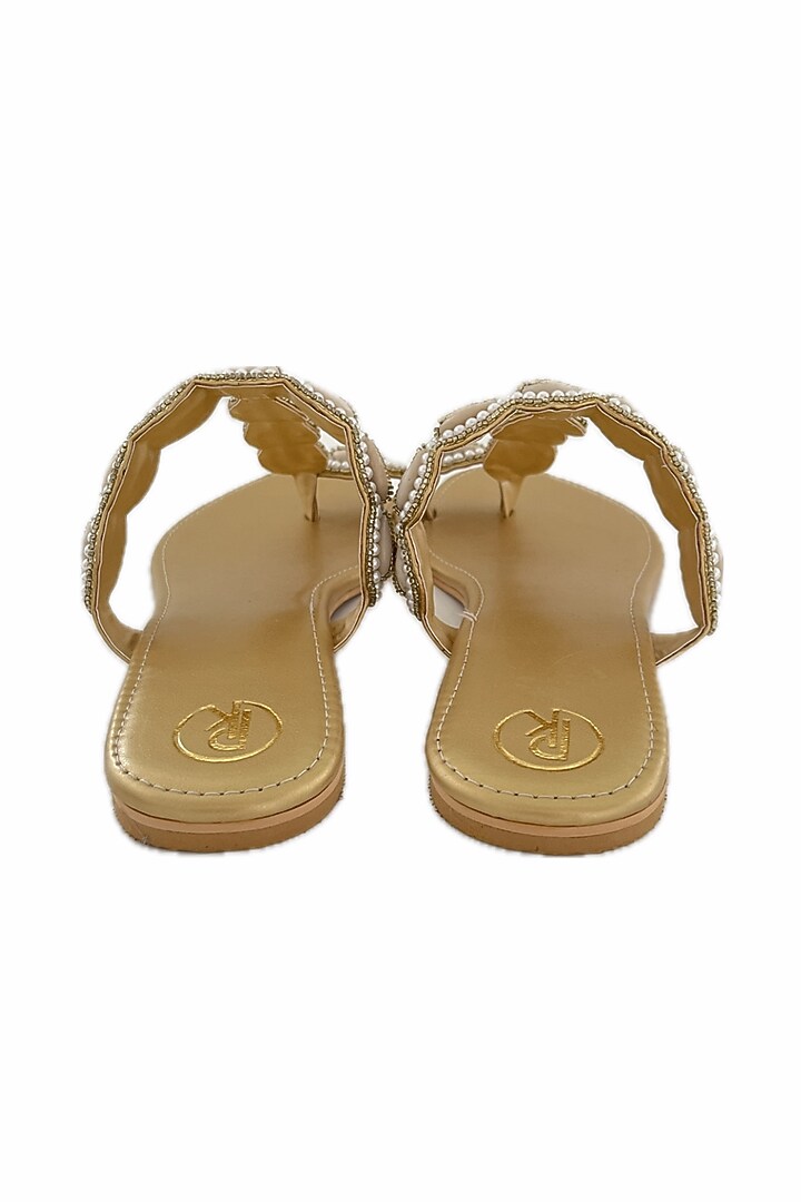 Gold Faux Leather Cowrie Hand Embroidered Kolhapuri Flats by Preet Kaur at Pernia's Pop Up Shop