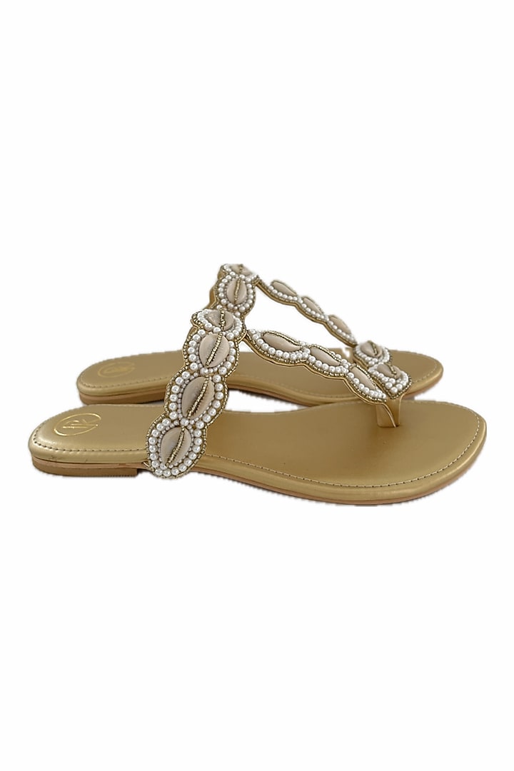 Gold Faux Leather Cowrie Hand Embroidered Kolhapuri Flats by Preet Kaur at Pernia's Pop Up Shop