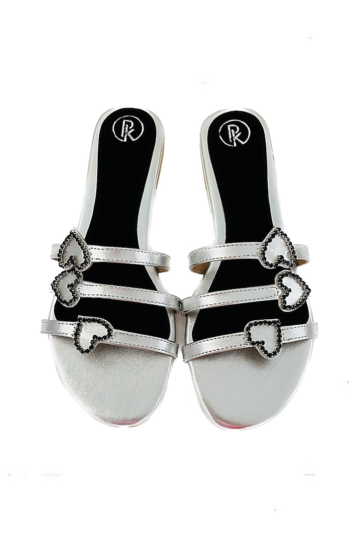 Silver Faux Leather Hand Embroidered Flats by Preet Kaur