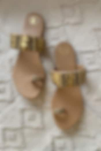 Tan Faux Leather Hand Embroidered Thumb Flats by Preet Kaur at Pernia's Pop Up Shop