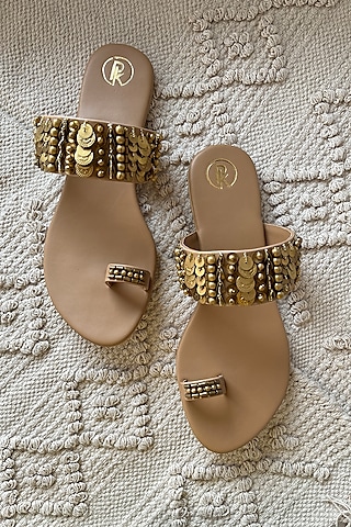 Tan Faux Leather Hand Embroidered Thumb Flats by Preet Kaur