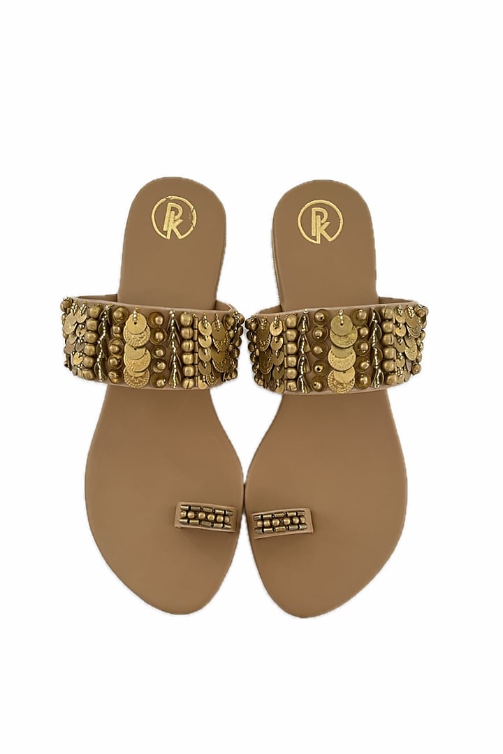 Tan Faux Leather Hand Embroidered Thumb Flats by Preet Kaur at Pernia's Pop Up Shop