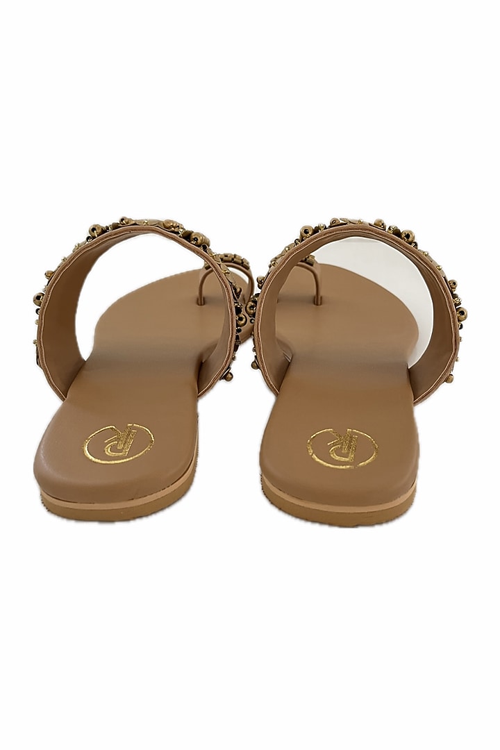 Tan Faux Leather Hand Embroidered Thumb Flats by Preet Kaur at Pernia's Pop Up Shop