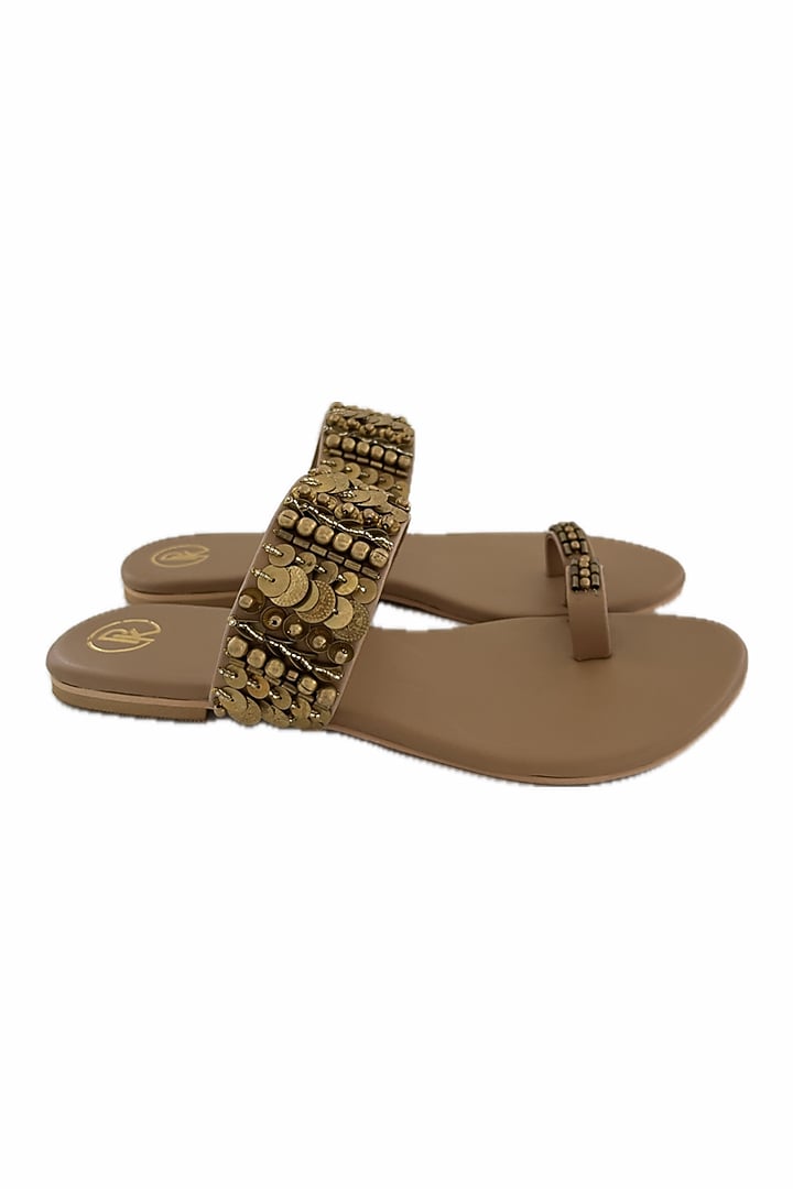 Tan Faux Leather Hand Embroidered Thumb Flats by Preet Kaur at Pernia's Pop Up Shop