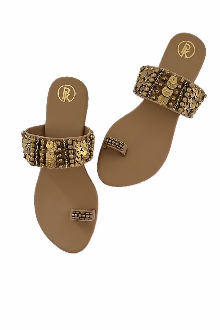 Tan Faux Leather Hand Embroidered Thumb Flats by Preet Kaur at Pernia's Pop Up Shop