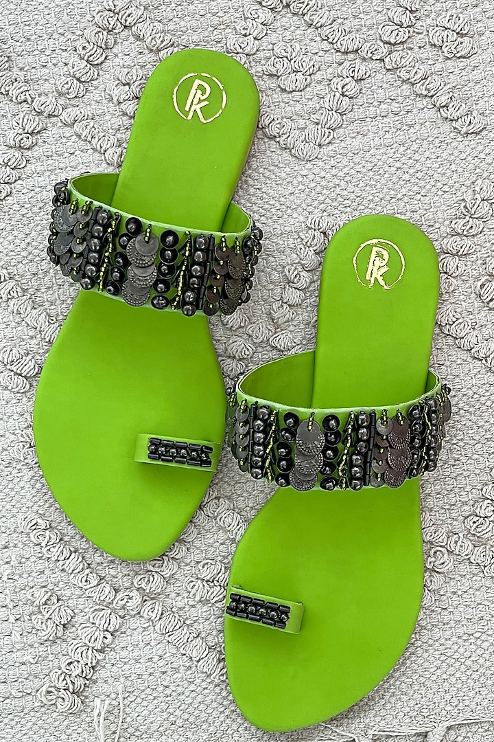 Neon Green Faux Leather Hand Embroidered Thumb Flats by Preet Kaur