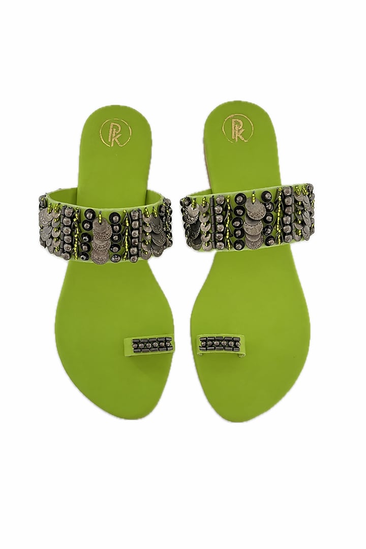 Neon Green Faux Leather Hand Embroidered Thumb Flats by Preet Kaur at Pernia's Pop Up Shop