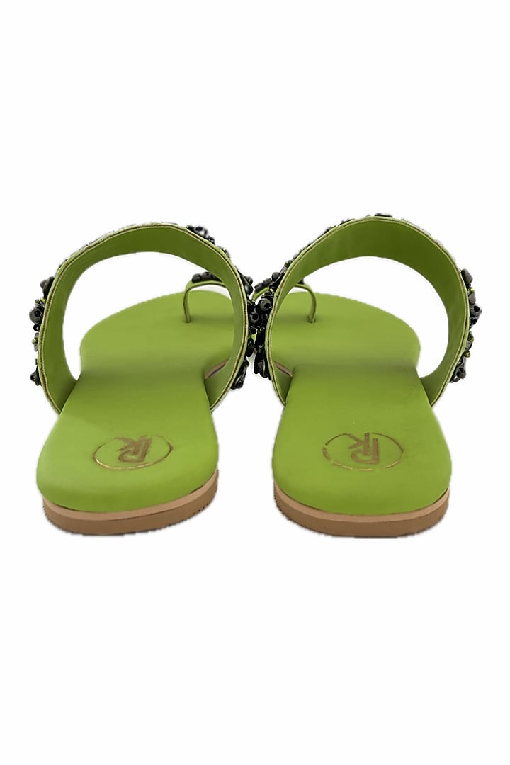 Neon Green Faux Leather Hand Embroidered Thumb Flats by Preet Kaur at Pernia's Pop Up Shop