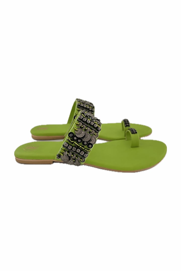 Neon Green Faux Leather Hand Embroidered Thumb Flats by Preet Kaur at Pernia's Pop Up Shop