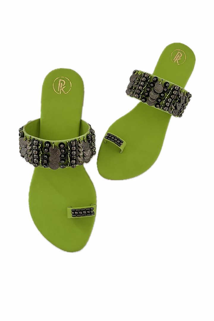 Neon Green Faux Leather Hand Embroidered Thumb Flats by Preet Kaur at Pernia's Pop Up Shop