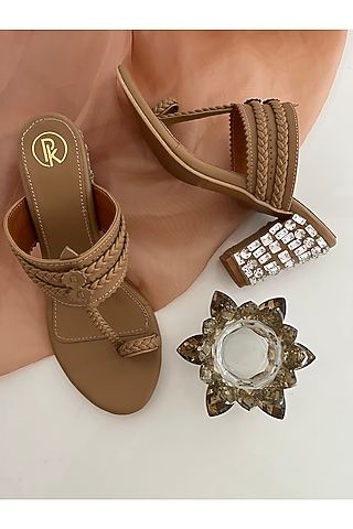 Tan Faux Leather Hand Embroidered Kolhapuri Heels by Preet Kaur