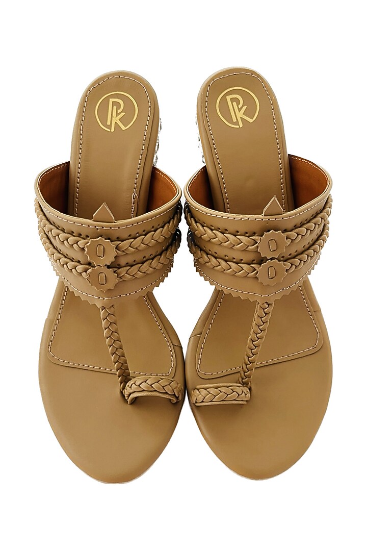 Tan Faux Leather Hand Embroidered Kolhapuri Heels by Preet Kaur at Pernia's Pop Up Shop