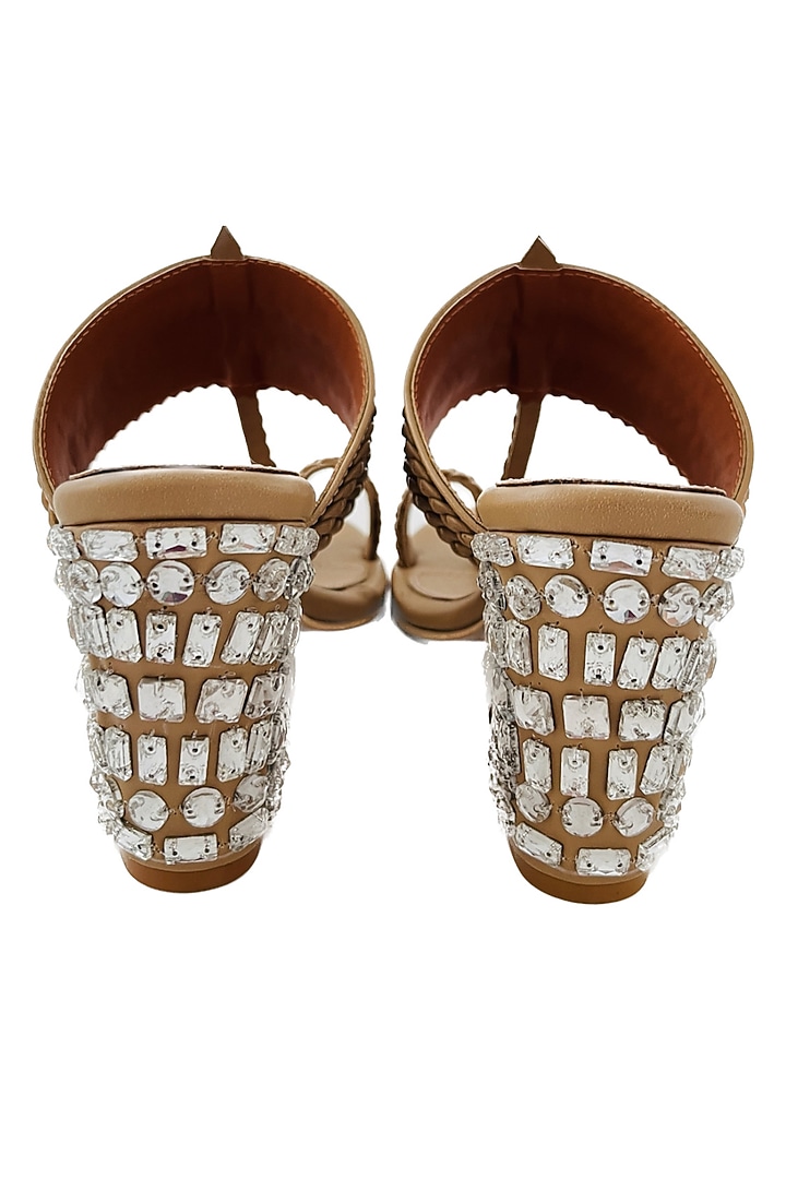 Tan Faux Leather Hand Embroidered Kolhapuri Heels by Preet Kaur at Pernia's Pop Up Shop