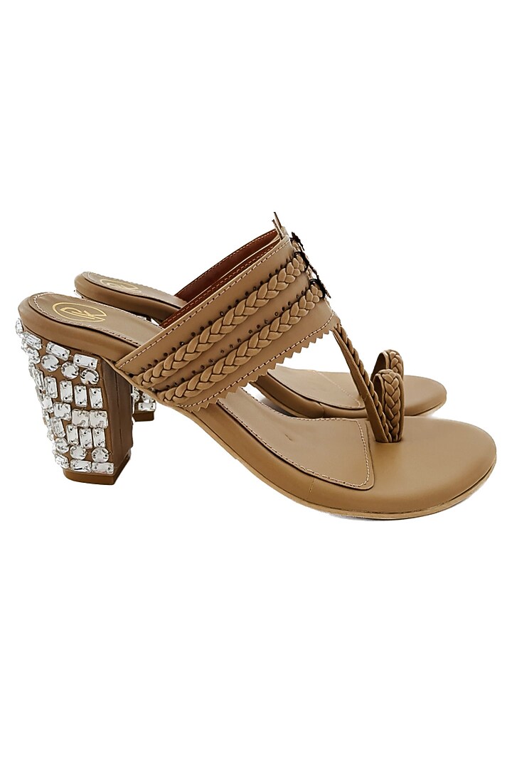 Tan Faux Leather Hand Embroidered Kolhapuri Heels by Preet Kaur at Pernia's Pop Up Shop
