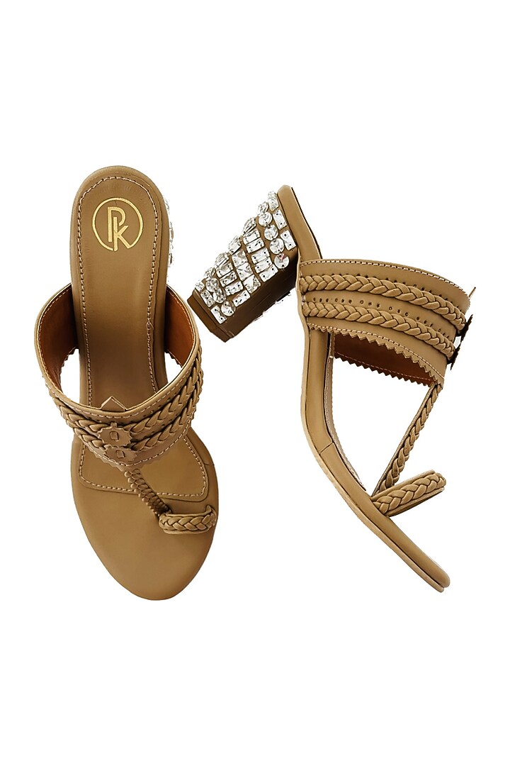 Tan Faux Leather Hand Embroidered Kolhapuri Heels by Preet Kaur at Pernia's Pop Up Shop