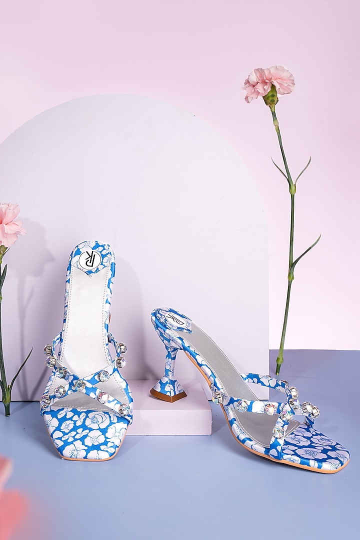Blue & White Satin Embroidered & Printed Heels by Preet Kaur