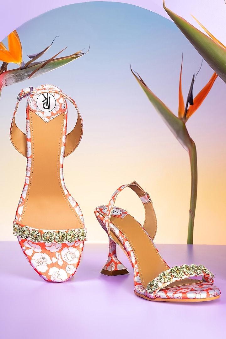 Orange & White Satin Embroidered & Printed Heels by Preet Kaur