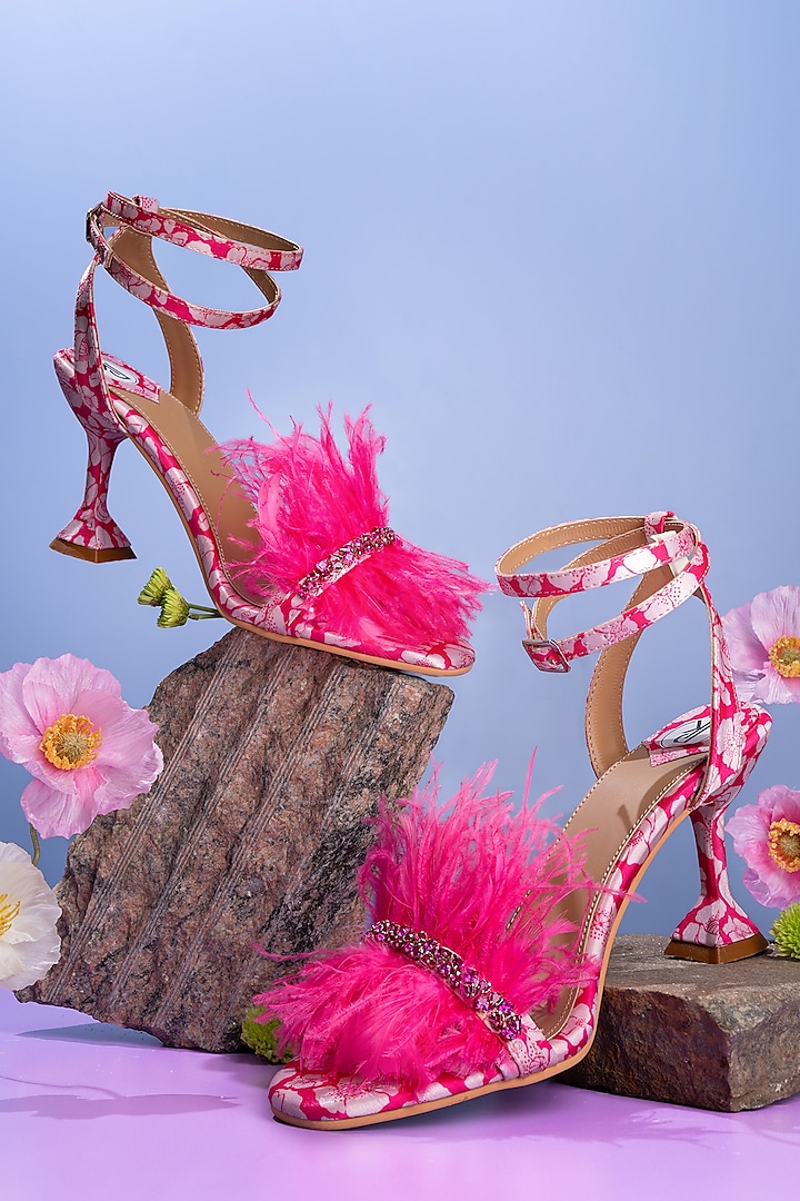 Pink & White Satin Embroidered & Printed Heels by Preet Kaur
