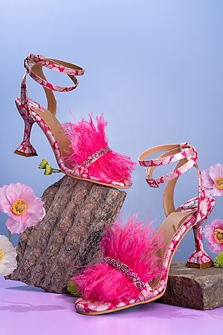 Pink White Satin Embroidered Printed Heels by Preet Kaur at Pernia's  Pop Up Shop 2025