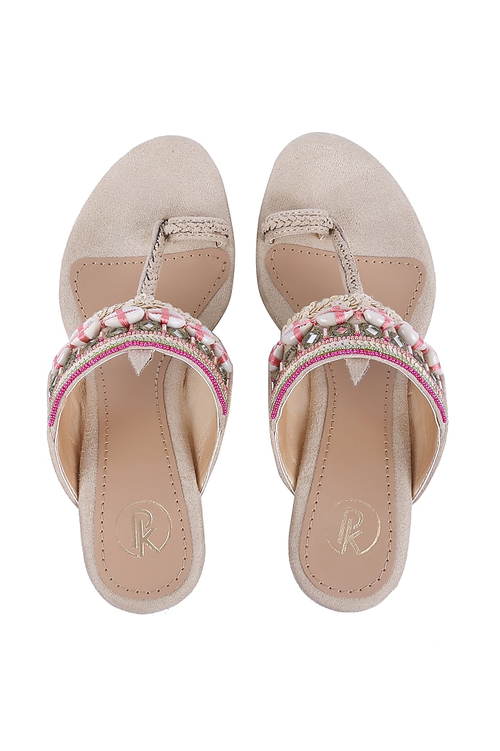 Beige Hand Embroidered Kolhapuri Wedges by Preet Kaur at Pernia's Pop Up Shop