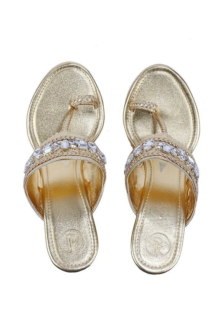 Gold Hand Embroidered Kolhapuri Wedges by Preet Kaur at Pernia's Pop Up Shop