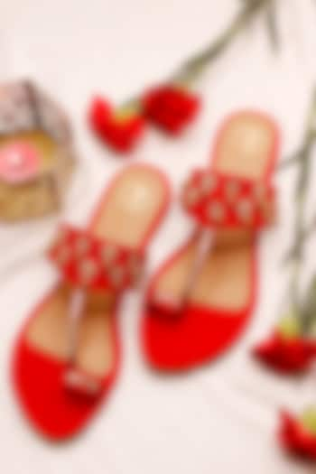 Red Hand Embroidered Kolhapuri Flats by Preet Kaur at Pernia's Pop Up Shop