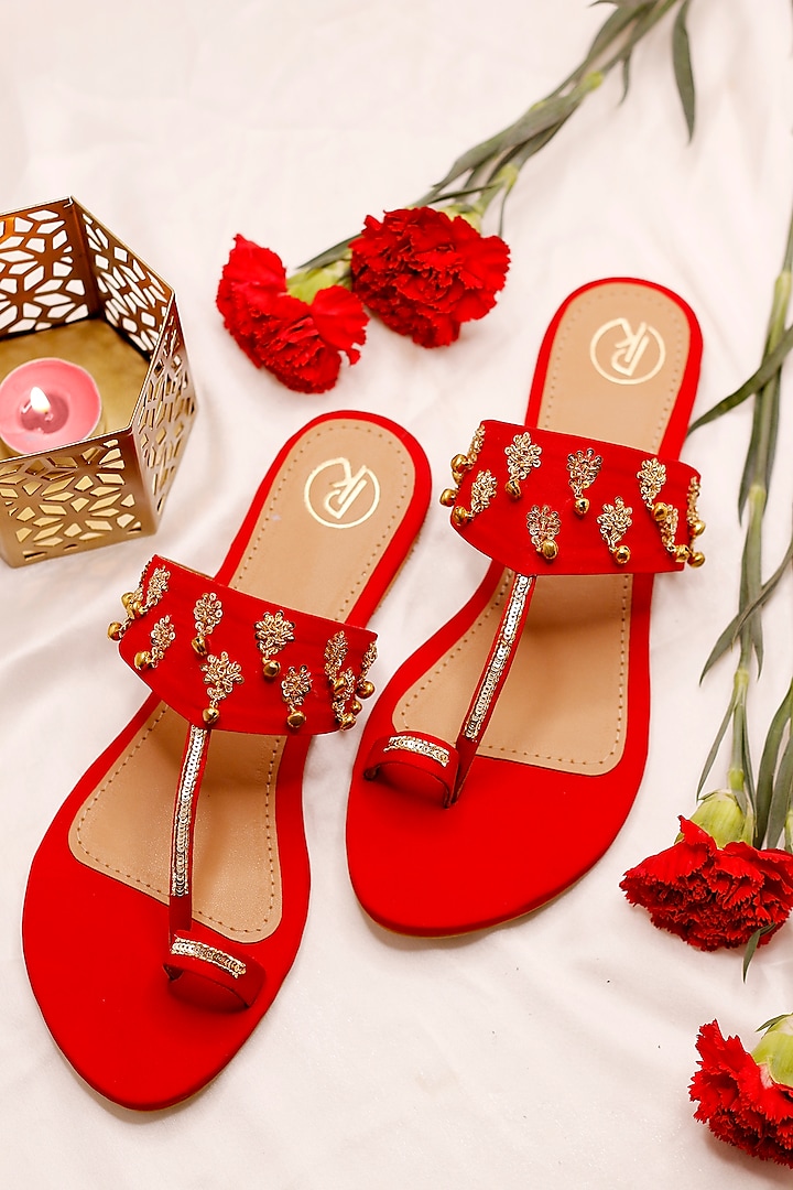 Red Hand Embroidered Kolhapuri Flats by Preet Kaur at Pernia's Pop Up Shop