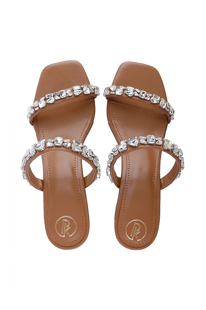 Tan & Silver Embellished Sandals by Preet Kaur at Pernia's Pop Up Shop