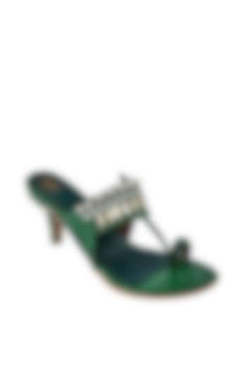 Green Hand Embroidered Kolhapuri Heels by Preet Kaur at Pernia's Pop Up Shop